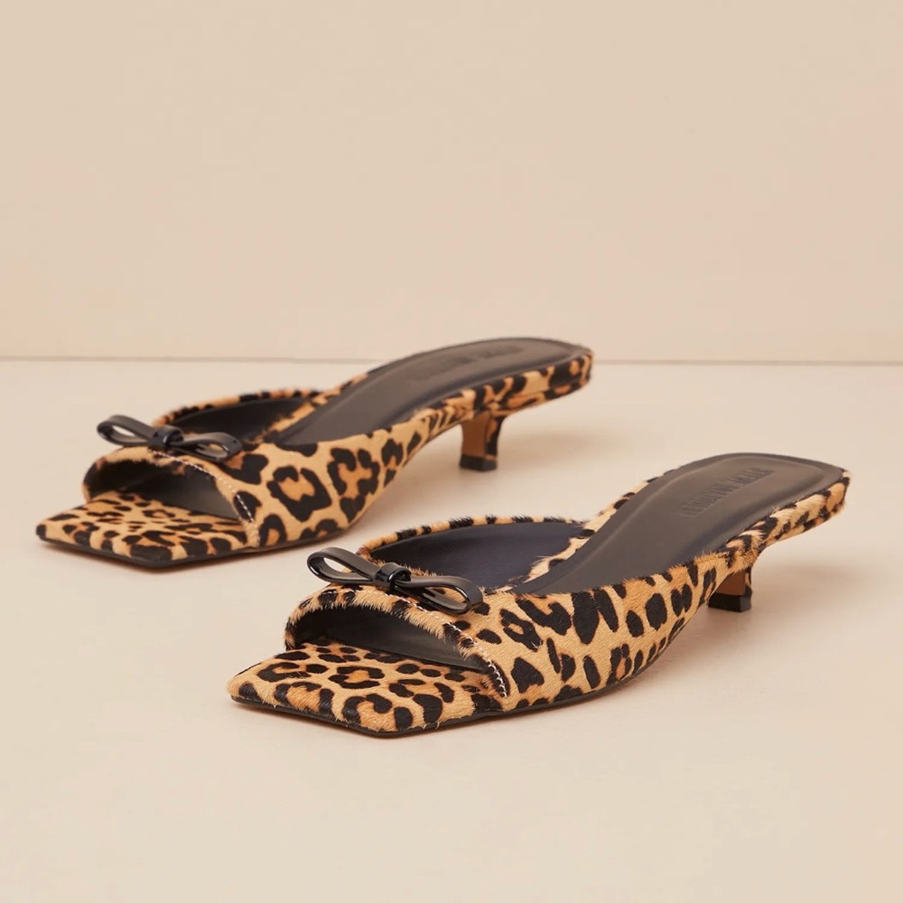 Steve Madden Meme Leopard Calf Hair Leather Kitten Heel Slide Sandals